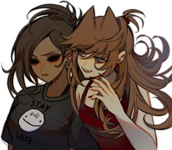 2girls alternate_skin_color animification asdfmovie blush breasts brown_hair bxbytore commentary creator_connection dark-skinned_female dark_skin darkened_skin eddsworld eyebrow_piercing face_piercing flipped_hair grey_eyes grey_shirt hair_bobbles hair_ears hair_ornament hand_up highres hollow_eyes long_hair medium_breasts multiple_girls open_mouth piercing print_sash red_nails red_tank_top sash shirt simple_background small_breasts smile symbol-only_commentary tamara_(eddsworld) tank_top topknot tori_(eddsworld) upper_body very_long_hair white_background yuri