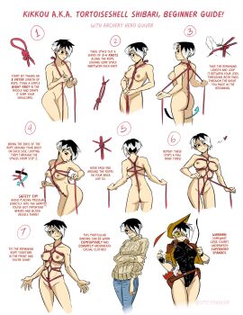 1girl absurdres aran_sweater arrow_(projectile) ass bdsm belt between_buttocks black_eyes black_hair black_leotard blue_pants blush bondage bound bow_(weapon) breasts butt_crack cable_knit casual censored censored_nipples commentary completely_nude cropped_jacket crotch_rope dark_nipples denim english_commentary english_text female_pervert guide hair_over_one_eye highres how_to jeans leotard loose_belt medium_breasts mosaic_censoring multicolored_hair multiple_views nipples nude original paid_reward_available pants perky_breasts pervert quiver quiver_(spicymancer) red_rope rope safety_glasses self_bondage shibari shibari_under_clothes short_hair spicymancer sweater thigh_gap turtleneck turtleneck_sweater two-tone_hair weapon weapon_on_back white_hair