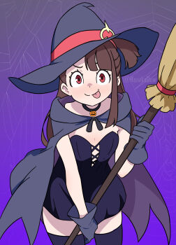 Rule 34 | 1girl, black gloves, black thighhighs, blush, breasts, broom, brown hair, cape, closed mouth, gloves, harukadew, hat, kagari atsuko, little witch academia, long hair, looking at viewer, purple background, red eyes, signature, simple background, small breasts, smile, solo, thighhighs, tongue, tongue out, witch, witch hat