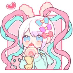 Rule 34 | 1girl, blonde hair, blue bow, blue eyes, blue hair, blue shirt, blush, bow, cat, chibi, chinese commentary, chouzetsusaikawa tenshi-chan, commentary request, food, fruit, hair bow, hands up, heart, holding, holding food, long hair, long sleeves, looking at viewer, mochi, multicolored hair, needy girl overdose, pien cat (needy girl overdose), pink bow, pink hair, quad tails, shirt, solo, strawberry, upper body, wufaminmiedeai
