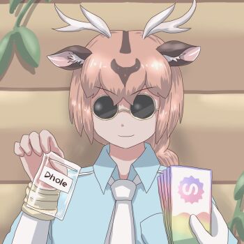 &gt;:) 1girl 1other animal_ears antlers axis_deer_(kemono_friends) blue_shirt braid brown_hair closed_mouth collared_shirt dark-skinned_female dark_skin deer_antlers deer_ears facing_viewer gacha_(game_mechanic) hair_between_eyes hand_up horns kemono_friends long_hair long_sleeves mukouyama_mu multicolored_hair necktie pov pov_hands round_eyewear shirt single_braid sunglasses two-tone_hair upper_body v-shaped_eyebrows white_necktie wing_collar
