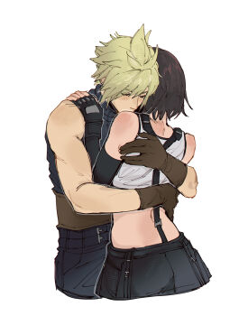 1boy 1girl alternate_hair_length_(shorter) arms_around_another's_back bare_shoulders belt belt_buckle black_gloves black_hair black_skirt blonde_hair blush brown_gloves buckle closed_eyes cloud_strife couple cowboy_shot crop_top cropped_legs elbow_gloves final_fantasy final_fantasy_vii final_fantasy_vii_remake fingerless_gloves gloves hand_on_another's_shoulder hands_on_another's_back hetero highres hug miniskirt multiple_belts pudelmudel short_hair skirt sleeveless sleeveless_turtleneck spiked_hair suspender_skirt suspenders sweater tank_top tifa_lockhart turtleneck turtleneck_sweater white_background white_tank_top