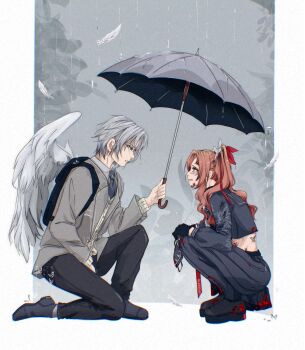 1boy 1girl absurdres aerith_gainsborough aerith_gainsborough_(midgard_seventh_high_school) artist_name black_boots black_gloves black_mask black_pants black_shirt black_shoes black_skirt blood blood_on_clothes blood_on_face boots brown_hair collared_shirt crop_top delinquent falling_feathers feathers final_fantasy final_fantasy_vii final_fantasy_vii:_ever_crisis flower full_body gloves green_eyes grey_background grey_flower grey_hair grey_jacket grey_necktie hair_flower hair_ornament hair_ribbon highres holding holding_mask holding_umbrella jacket long_hair mask midriff necktie official_alternate_costume on_one_knee pants parted_bangs parted_lips red_ribbon ribbon school_uniform sephiroth sephiroth_(ever_crisis) sephiroth_(shinra_private_academy) shanlieart shirt shoes short_hair side_ponytail sidelocks skirt squatting suit_jacket sukeban tears train umbrella white_feathers white_wings wings