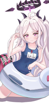 1girl absurdres ahoge black_halo blue_archive breasts demon_girl demon_horns halo highres hina_(blue_archive) hina_(swimsuit)_(blue_archive) horns ko-no long_hair looking_at_viewer old_school_swimsuit purple_eyes school_swimsuit simple_background sitting small_breasts solo swimsuit very_long_hair white_background white_hair