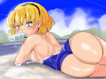 1girl ass blonde_hair blush breasts brown_eyes clothes_pull cloud day food hairband houjou_satoko huge_ass kiliu looking_at_viewer looking_back lying mouth_hold one-piece_swimsuit popsicle short_hair sky solo swimsuit