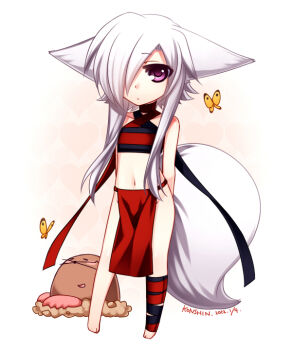 1girl aika_(konshin) animal_ears artist_self-insert bug butterfly chibi female_focus fictional_persona fox_ears fox_tail hair_over_one_eye inari insect konshin midriff monster_girl navel original purple_eyes short_hair_with_long_locks solo tail white_hair
