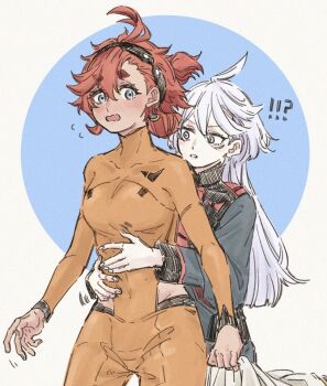 Rule 34 | !?, 2girls, asticassia school uniform, black hairband, blue background, blue eyes, bodysuit, commentary request, flying sweatdrops, green jacket, gundam, gundam suisei no majo, hairband, hands on another's stomach, ichi27ichi, jacket, long hair, miorine rembran, multiple girls, open mouth, orange bodysuit, parted lips, red hair, school uniform, suletta mercury, thick eyebrows, two-tone background, white background, white eyes, white hair, yuri