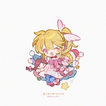 Rule 34 | 1girl, ;d, blonde hair, blue pants, blush stickers, bow, bowtie, brown shoes, chibi, chibi only, commission, doll, double-parted bangs, full body, hair between eyes, highres, kanae (cookie), long hair, looking at viewer, one eye closed, open mouth, original, pants, pink eyes, pink skirt, red bow, red bowtie, sample watermark, shirt, shoes, side ponytail, simple background, single blush sticker, skirt, smile, solo, standing, star (symbol), twitter username, watermark, white background, white shirt