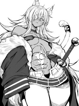 Rule 34 | 1girl, abs, absurdres, ahoge, animal ears, bandeau, bare shoulders, belt, breasts, cat ears, cat girl, cat tail, choker, collarbone, commentary, crossed bangs, english commentary, facial scar, fur-trimmed jacket, fur trim, ghislaine dedoldia, greyscale, hair between eyes, highleg, highleg panties, highres, jacket, jesse schickler, large breasts, long hair, looking at viewer, monochrome, muscular, muscular female, mushoku tensei, navel, off shoulder, open fly, panties, pants, parted lips, scar, scar on cheek, scar on face, scar on stomach, sheath, sheathed, solo, stomach, sword, tail, tail ornament, tail ring, underwear, very long hair, weapon