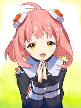 1girl :d ahoge asagi1111 black_shirt dot_nose hair_ornament highres looking_at_viewer momo_mizrahi open_mouth own_hands_together pink_hair shirt short_hair smile solo upper_body xenosaga xenosaga_episode_i yellow_background yellow_eyes