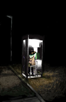 1girl black_hat blouse commentary_request frilled_sleeves frills green_hair green_skirt hat hat_ribbon heripantomorrow highres komeiji_koishi lamppost night path payphone phone phone_booth ribbon road shirt skirt talking_on_phone touhou yellow_ribbon yellow_shirt