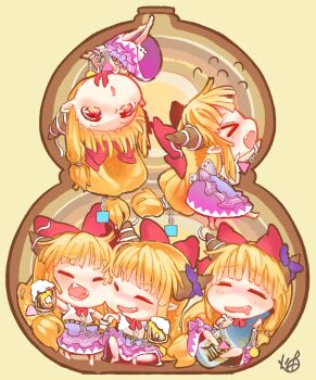 &gt;_&lt; 5girls :o =_= ^_^ alcohol beer beer_mug blonde_hair blue_overskirt blue_skirt blush bottle bow chain chibi chibi_only clone closed_eyes commentary cross-section cube cuffs cup drooling fang flying_sweatdrops forehead gourd hair_bow holding holding_cup horns htk_mikan hugging_object ibuki_suika long_hair low_twintails mouth_drool mug multiple_girls multiple_persona nose_blush oni orb pointy_ears pyramid_(geometry) red_bow sake_bottle shackles shirt signature simple_background sitting skirt standing touhou twintails very_long_hair white_shirt yellow_background