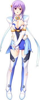 1girl :o boots breasts chest_jewel cleavage elbow_gloves full_body game_cg gloves highres holy_rouge large_breasts large_variant_set looking_at_viewer magical_girl nerawareta_megami_tenshi_angel_tear nipple_slip nipples non-web_source official_art open_mouth purple_eyes purple_hair red_eyes shizumi_suzune short_hair skirt solo standing tachi-e thigh_boots thighhighs torn_clothes transparent_background tsukumo_kazuita v_arms variant_set