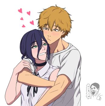 1girl 2boys :/ amai_(frfs5423) black_choker black_ribbon blonde_hair blue_hair blush chainsaw_man choker commentary_request denji_(chainsaw_man) futamichi_owner_(chainsaw_man) grenade_pin hair_between_eyes heart hetero highres hug hug_from_behind inset long_hair_between_eyes multiple_boys neck_ribbon reze_(chainsaw_man) ribbon shirt simple_background sleeveless sleeveless_shirt smile speech_bubble t-shirt translation_request upper_body white_background white_shirt