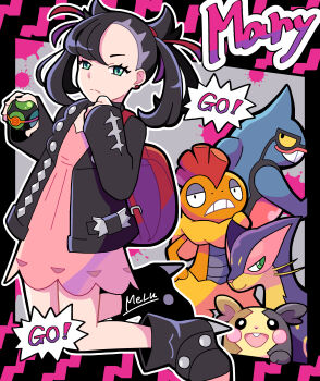 Rule 34 | 1girl, absurdres, asymmetrical bangs, backpack, bag, black boots, black hair, black nails, boots, character name, closed mouth, commentary request, dress, dusk ball, earrings, eyelashes, fingernails, gen 4 pokemon, gen 5 pokemon, gen 8 pokemon, green eyes, grin, hair ribbon, half-closed eyes, high heel boots, high heels, highres, holding, holding poke ball, jacket, jewelry, liepard, long sleeves, marnie (pokemon), meeee hitsuji, morpeko, morpeko (full), nail polish, nintendo, nostrils, open clothes, open jacket, open mouth, outline, pink dress, poke ball, pokemon, pokemon (creature), pokemon swsh, pokemon team, red bag, red ribbon, ribbon, scrafty, signature, smile, split mouth, teeth, toxicroak, twintails, undercut, white outline