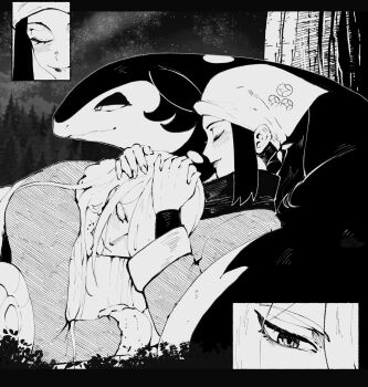 1boy 1girl akari_(pokemon) blush breast_pillow closed_mouth greyscale headscarf hetero highres hisuian_typhlosion hug long_sleeves monochrome night nintendo nyantcha pokemon pokemon_legends:_arceus ponytail sky smile star_(sky) starry_sky tree under_tree volo_(pokemon)