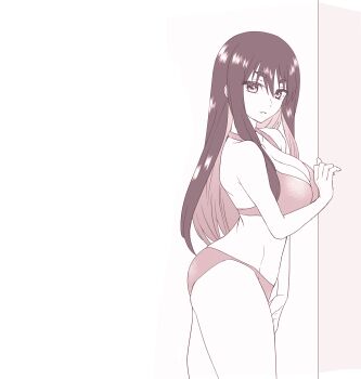 1girl against_wall ass breasts cleavage come_hither from_side hand_on_wall highres yihdra_arvoln large_breasts legs long_hair looking_at_viewer model modeling monochrome panties parted_lips seductive_gaze sentai_red_ga_isekai_de_boukensha_ni_naru solo thighs underwear