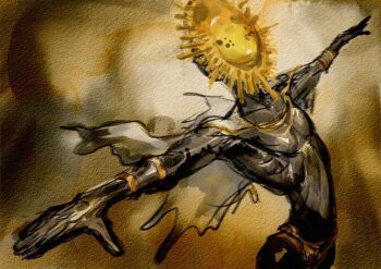 1boy bracelet cape colored_skin commentary cowboy_shot elden_ring english_commentary facing_viewer from_side gold_bracelet goldmask's_mask goldmask_(elden_ring) grey_skin highres jewelry loincloth male_focus mask mister-killjoy painterly painting_(medium) solo t-pose torn_clothes traditional_media waterpaint white_cape yellow_background