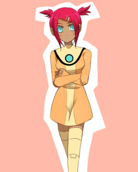 1girl blue_eyes dark-skinned_female dark_skin dress female_focus lowres red_hair sari_sumdac simple_background solo thighhighs transformers transformers_animated twintails
