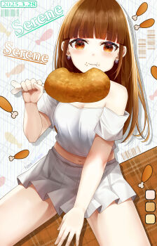 Rule 34 | 1girl, :i, :t, absurdres, barcode, bare shoulders, between legs, blunt bangs, blush, boned meat, breasts, brown eyes, brown hair, character name, chicken (food), cleavage, closed mouth, crop top, earrings, eating, food, food on face, grey skirt, hand between legs, hand up, highres, holding, holding food, jewelry, long hair, looking at viewer, lori hagami, meat, medium breasts, midriff, miniskirt, navel, off-shoulder shirt, off shoulder, original, pleated skirt, pout, shirt, short sleeves, sitting, skirt, solo, stomach, thighs, white shirt, white skirt
