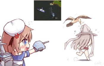 2girls aircraft airplane bird blue_eyes boat command_&amp;_conquer command_&amp;_conquer:_red_alert command_&amp;_conquer:_red_alert_2 creature_and_personification crossed_bandaids dress gameplay_mechanics hat langbazi mecha_musume multiple_girls one-piece_swimsuit pecking personification sailor_dress sailor_hat screencap screenshot_inset smokestack squid squid_hat swimsuit tears tentacle_hair turret vehicle_and_personification watercraft white_hat white_one-piece_swimsuit