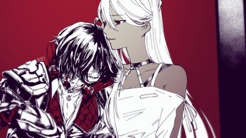 1boy 1girl 337_(337lm) ahoge armor artist_name bare_shoulders black_hair choker closed_eyes code_vein collarbone commentary_request cruz_silva_(code_vein) dark-skinned_female dark_skin dress gas_mask hair_between_eyes hair_over_one_eye jewelry long_hair louis_(code_vein) mask masked mouth_mask necklace parted_lips red_eyes short_hair shoulder_armor sleeping sleeping_on_person spot_color vampire white_hair