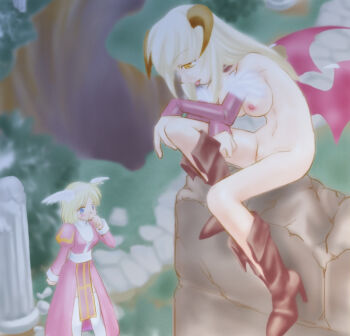 2000s_(style) 2girls blonde_hair blue_eyes blush boots breasts brown_boots brown_horns column commentary_request demon_girl demon_wings detached_sleeves dress full_body high_heel_boots high_heels high_priest_(ragnarok_online) horns juliet_sleeves long_hair long_sleeves looking_at_another medium_breasts multiple_girls niginigi nipples nude outdoors pillar pink_dress puffy_sleeves purple_sleeves ragnarok_online red_wings sash sitting standing succubus_(ragnarok_online) thighhighs tongue tongue_out two-tone_dress white_dress white_sash white_thighhighs wings yellow_eyes