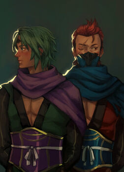 Rule 34 | 2boys, brothers, commentary, dvrtrblhr, english commentary, fire emblem, fire emblem fates, green hair, japanese clothes, kaze (fire emblem), looking to the side, male focus, mask, mouth mask, multiple boys, ninja, ninja mask, nintendo, pectoral cleavage, pectorals, purple scarf, red hair, saizo (fire emblem), scar, scar across eye, scar on face, scarf, siblings, twins