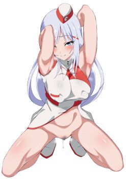 1girl armpits arms_behind_head arms_up blue_eyes blush bottomless breasts closed_mouth covered_erect_nipples female_pubic_hair full_body garrison_cap grey_hair hair_ornament hat highres idolmaster idolmaster_million_live! idolmaster_million_live!_theater_days large_breasts long_hair looking_at_viewer navel official_alternate_costume pubic_hair pussy_juice rqm55 shiraishi_tsumugi simple_background smile solo squatting voy@ger_(idolmaster) white_background x_hair_ornament