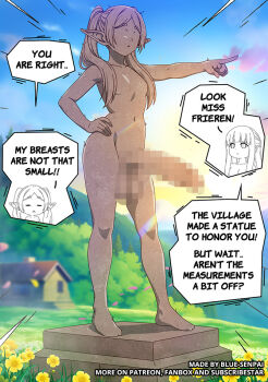 1futa 1girl black_border blue-senpai border breasts censored english_text erection flower frieren futanari grass hand_on_own_hip letterboxed long_hair mosaic_censoring multiple_girls navel nude outdoors penis pointing pointy_ears small_breasts sousou_no_frieren speech_bubble statue sunflower testicles yellow_flower