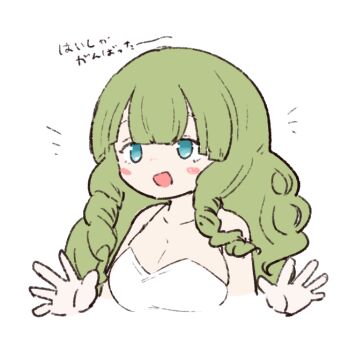 1girl :d blue_eyes blush_stickers breasts cleavage cropped_torso double-parted_bangs dress drill_hair green_hair hands_up large_breasts long_hair looking_ahead notice_lines olto_rondo open_hands open_mouth original simple_background sleeveless sleeveless_dress smile solo translation_request twin_drills white_background white_dress