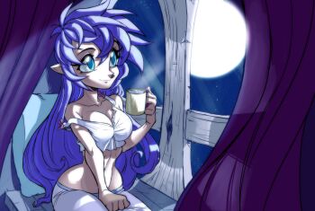 Rule 34 | breasts, cleavage, cleft of venus, coffee mug, crop top, cup, curtains, green eyes, highres, moon, moonlight, mug, navel, night, nightgown, pointy ears, purple hair, shantae, shantae (series), sky, star (sky), starry sky, teevo
