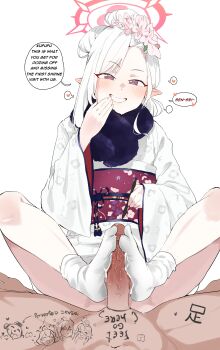 Rule 34 | 1boy, 1girl, absurdres, blue archive, body writing, english text, erection, feet, flower, footjob, grin, hair flower, hair ornament, halo, hetero, highres, japanese clothes, kimono, long sleeves, looking at viewer, mutsuki (blue archive), mutsuki (new year) (blue archive), niyoukoso, no shoes, penis, pointy ears, pov, purple eyes, red halo, simple background, smile, solo focus, speech bubble, two-footed footjob, uncensored, white background, white hair, white kimono, wide sleeves