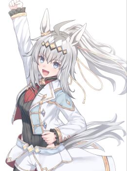 1girl ahoge animal_ears arm_up blue_eyes breasts brooch clenched_hands clothing_cutout commentary_request cropped_jacket diamond_brooch grey_hair grey_leotard grey_tail hair_between_eyes hair_ornament hair_ribbon highres hip_vent horse_ears horse_girl horse_tail jacket jewelry leotard long_hair long_sleeves medium_breasts neckerchief official_alternate_costume oguri_cap_(cinderella_gray)_(umamusume) oguri_cap_(umamusume) open_mouth overskirt ponytail red_neckerchief ribbon shorts simple_background smile solo star_brooch tail uji_(966qrr) umamusume umamusume:_cinderella_gray white_background white_jacket white_shorts