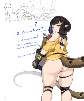 2girls antenna_hair arknights ass basket black_hair cable camerata colored_inner_hair commentary crocodilian_tail english_commentary english_text eunectes_(arknights) gavial_(arknights) gloves hair_ornament highres holding holding_basket jitome knee_pads looking_at_viewer looking_back mixed-language_commentary multicolored_gloves multicolored_hair multiple_girls nude partially_submerged pointy_ears sharp_teeth short_hair snake_tail spanish_commentary tail teeth white_background wire