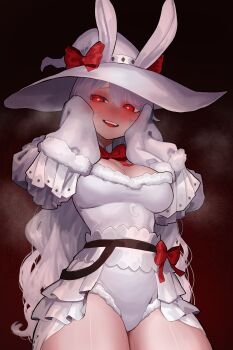 1girl absurdres animal_ears blush bow bowtie breasts commentary_request cowboy_shot ekrea_jan embarrassed fur-trimmed_leotard fur_trim hands_on_own_face hat highres large_hat leotard long_hair long_sleeves looking_at_viewer medium_breasts open_mouth original rabbit_ears rabbit_girl red_bow red_bowtie red_eyes showgirl_skirt skirt sleeves_past_wrists smile solo steam teeth thick_thighs thighs upper_teeth_only white_hair white_hat white_leotard white_skirt