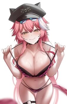 Rule 34 | 1girl, animal print, armpit crease, bare shoulders, bikini, black bikini, black choker, black hat, blush, breasts, cat o-ring, choker, cleavage, closed mouth, collarbone, commentary, eyewear on head, fang, fingernails, grey-framed eyewear, hashtag-only commentary, hat, highres, hololive, hololive english, huge breasts, leaning forward, leopard print, long hair, looking at viewer, multi-strapped bikini bottom, multicolored hair, navel, o-ring, o-ring thigh strap, panther girl, panther tail, pink bikini, pink hair, pink tail, print bikini, print hat, pulling own clothes, raora panthera, si farid, simple background, skin fang, smile, solo, stomach, strap pull, streaked hair, sunglasses, sweat, swimsuit, tail, thigh strap, thighs, two-tone hair, virtual youtuber, white background, yellow eyes