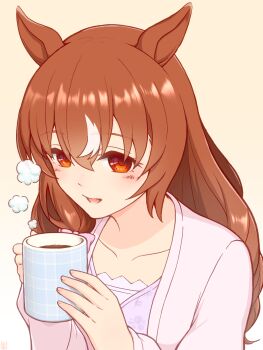 Rule 34 | 1girl, animal ears, blush, brown hair, collarbone, commentary request, cup, hair between eyes, highres, holding, holding cup, horse ears, horse girl, jacket, long hair, long sleeves, mitsuno, open mouth, pink jacket, pink shirt, red eyes, shirt, simple background, smile, solo, still in love (umamusume), umamusume, upper body, white streaks