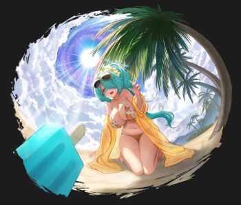 Rule 34 | 1girl, absurdres, aqua hair, beach, bikini, blue archive, blue sky, breasts, commentary request, eyewear on head, floral print, floral print bikini, food, green halo, hair over one eye, halo, highres, hiyori (blue archive), hiyori (swimsuit) (blue archive), jacket, large breasts, multicolored bikini, official alternate costume, orange bikini, palm tree, plump, popsicle, print bikini, sand, see-through clothes, see-through jacket, seewlee, side ponytail, sky, solo, sunglasses, swimsuit, tree, yellow-framed eyewear