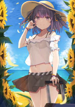 1girl bad_id bad_pixiv_id bare_shoulders bikini bikini_top_only bikini_under_clothes black_bikini black_skirt blouse blue_sky blush closed_mouth collarbone commentary_request day female_focus field fingernails flower flower_field groin hair_between_eyes hair_ribbon hat highres holding looking_at_viewer moe2018 nail_polish nanananana navel off-shoulder_blouse off_shoulder orange_ribbon original outdoors pink_nails puffy_short_sleeves puffy_sleeves purple_eyes purple_hair ribbon rolling_suitcase see-through_clothes shirt short_sleeves skirt sky smile solo standing suitcase sun_hat sunflower sunflower_field swimsuit two_side_up white_shirt