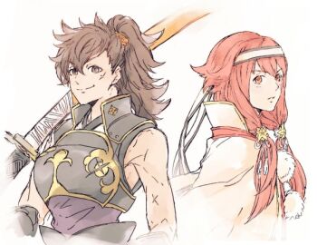 1boy 1girl brown_hair closed_mouth fire_emblem fire_emblem_fates genderswap genderswap_(ftm) genderswap_(mtf) hinata_(fire_emblem) holding holding_sword holding_weapon hotate_rayan katana looking_at_viewer nintendo pink_hair sakura_(fire_emblem) smile sword weapon