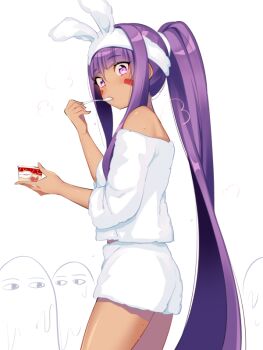 1girl 7dango7 bare_shoulders blush breasts dark-skinned_female dark_skin eating facepaint facial_mark fate/grand_order fate_(series) food haagen-dazs hairband high_ponytail ice_cream long_hair looking_at_viewer medium_breasts medjed_(fate) nitocris_(fate) off_shoulder ponytail purple_eyes purple_hair shirt short_sleeves shorts sidelocks thighs very_long_hair white_shirt white_shorts