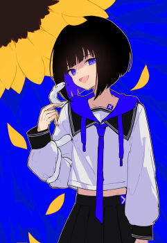 1girl :d absurdres animal black_hair black_skirt blue_background bob_cut drawstring hand_up highres hood hood_down long_sleeves looking_at_viewer midriff multicolored_hair open_mouth original osisio petals pleated_skirt puffy_long_sleeves puffy_sleeves purple_eyes purple_hair shirt short_hair skirt smile snake solo two-tone_hair white_shirt white_snake