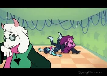 1boy 1girl 1other animated animated_gif armor artist_name black_jacket closed_eyes commentary deltarune english_commentary fangs floppy_ears furry furry_female furry_male glasses goat_horns green_robe horns jacket kris_(deltarune) looking_at_viewer pink_horns pink_scarf praying purple_hair ralsei robe scarf signature susie_(deltarune) taxmaaan the_amazing_digital_circus twitter_username utdr_(toby_fox) white_fur