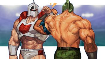 Rule 34 | 2boys, abs, absurdres, back muscles, bara, broad shoulders, camouflage, camouflage pants, clenched hands, green pants, helmet, highres, kinnikuman, kinnikuman soldier, multiple boys, muscular, muscular male, pants, red eyes, robin mask, topless male, traver009, wrestling mask, wrestling outfit