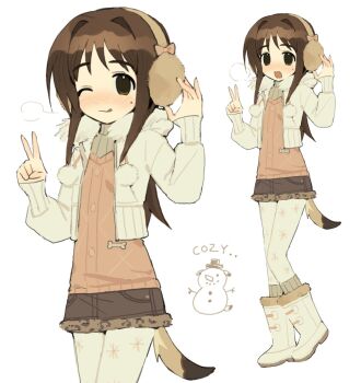 Rule 34 | 1girl, :q, blush, boots, brown eyes, brown hair, commentary, denim, denim skirt, dog girl, dog tail, doodle inset, earmuffs, english commentary, fur-trimmed boots, fur-trimmed jacket, fur boots, fur trim, hair intakes, highres, indie virtual youtuber, jacket, mole, mole on cheek, mota (motaberrie), motaberrie (vtuber), multiple expressions, one eye closed, open clothes, open jacket, open mouth, pantyhose, skirt, sleeves past wrists, snowman, tail, tongue, tongue out, ugg boots, v, virtual youtuber, white background, white boots, zoom layer