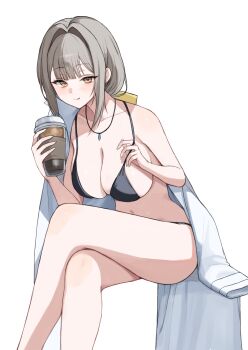 1girl :q absurdres alternate_costume bare_arms bare_legs bare_shoulders bikini black_bikini black_survival breasts cleavage closed_mouth coat coat_on_shoulders collarbone commission crossed_legs cup disposable_cup dr._nadja eternal_return:_black_survival feet_out_of_frame gadeung_hye grey_hair highres holding holding_cup jewelry large_breasts leaning_forward long_hair looking_at_viewer navel necklace sidelocks simple_background sitting smile solo strap_pull string_bikini swimsuit thighs tongue tongue_out white_background white_coat yellow_eyes