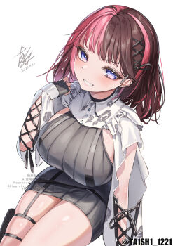 absurdres blush breasts brown_hair commentary_request dated dress grey_dress grin hair_ornament hair_ribbon highres large_breasts long_sleeves looking_at_viewer multicolored_hair pink_hair purple_eyes ribbed_dress ribbon shirt signature simple_background sitting smile streaked_hair ta1sh1 tachibana_hinano thighs twitter_username two-tone_hair virtual_youtuber vspo! watermark white_background white_shirt x_hair_ornament