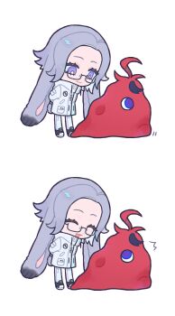 1boy :3 ^_^ animal_ears aotsuki_eito arms_behind_back black_shoes blob blue_eyes bright_pupils chibi chibi_only chinese_commentary closed_eyes closed_mouth commentary_request drawstring eyelashes eyes_visible_through_hair glasses grey_hair high_collar highres jacket kemonomimi_mode long_sleeves lop_rabbit_ears male_focus pants pocket purple_eyes rabbit_boy rabbit_ears rabbit_tail shoes short_hair simple_background smile spoilers sumino_takumi tail tareme the_hundred_line_-last_defense_academy- white_background white_jacket white_pants white_pupils xuxigua1029 zipper_pull_tab