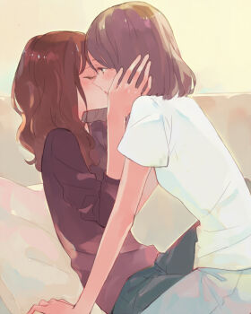 2girls brown_hair closed_eyes commentary_request couch cushion denim hand_on_another's_face indoors jeans kiss long_hair medium_hair multiple_girls on_couch original pants purple_shirt shirt sou_(tuhut) white_shirt yuri